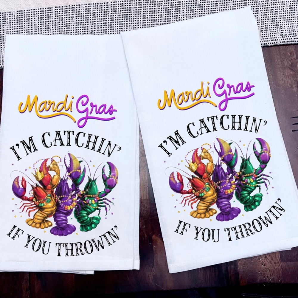 Kitchen Towels Mardi Gras Themed Tea Towel Ink on 100% Cotton 28x28 Set of 2